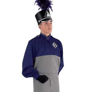 Custom navy and grey marching band uniform long sleeve. Front view with matching shako, black gloves, and grey pants