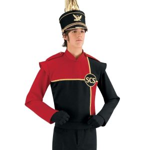 Custom red and black with gold detailing marching band uniform long sleeve. Shown front view with matching shako, black gloves, and black pants