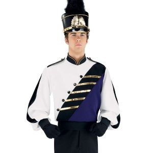 Custom white and blue marching band uniform long sleeve with black and gold detailing. Shown front view with matching shako, black gloves, and black pants