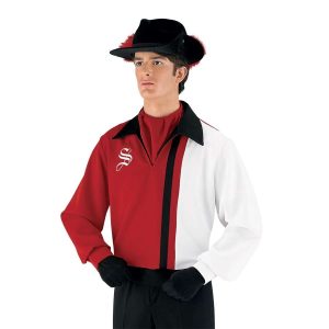 Custom red and white with black detailing marching band uniform long sleeve. Front view with matching aussie hat, black gloves, and black pants