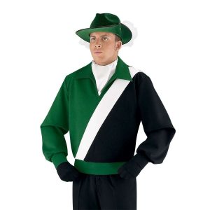 Custom kelly and black with white stripe and white undershirt marching band uniform long sleeve. Shown front view with matching aussie hat, black gloves, and black pants