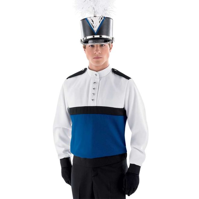 Custom blue and white with black detailing marching band uniform long sleeve. Shown front view with matching shako, black gloves, and black pants