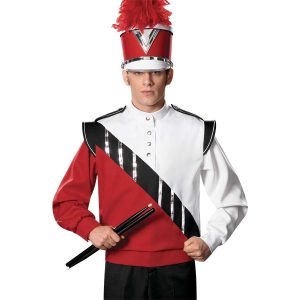 Custom red and white with black and silver detailing marching band uniform long sleeve. Shown front view on model with matching shako and black pants holding drumsticks