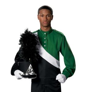 Custom kelly and black with white diagonal stripe long sleeve marching band uniform. Front view with black shako with silver accessories, white gloves, and black pants