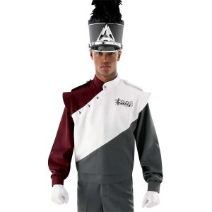 Custom maroon, white, and grey long sleeve marching band uniform. Front view with matching shako, white gloves, and grey pants