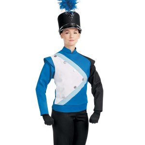 Custom blue, white, and black marching band uniform long sleeve with light blue and silver detailing. Front view with matching shako, black gloves, and black pants