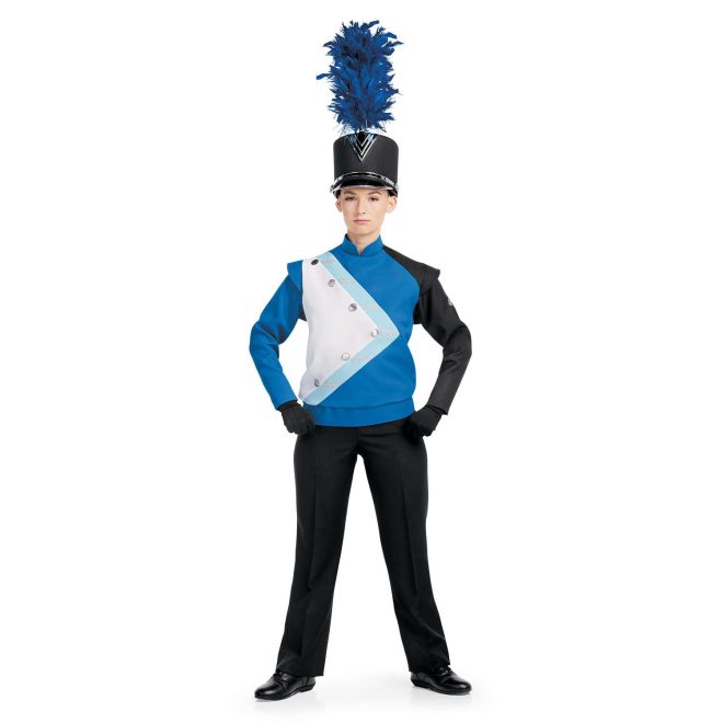 Custom blue, white, and black marching band uniform long sleeve with light blue and silver detailing. Front view with matching shako, black gloves, and black pants