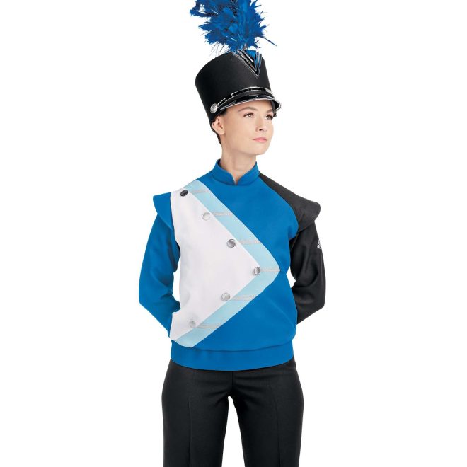 Custom blue, white, and black marching band uniform long sleeve with light blue and silver detailing. Front view with matching shako, black gloves, and black pants