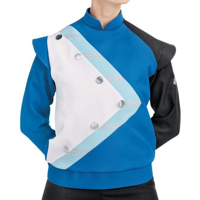 Custom blue, white, and black marching band uniform long sleeve with light blue and silver detailing. Front view with matching shako, black gloves, and black pants