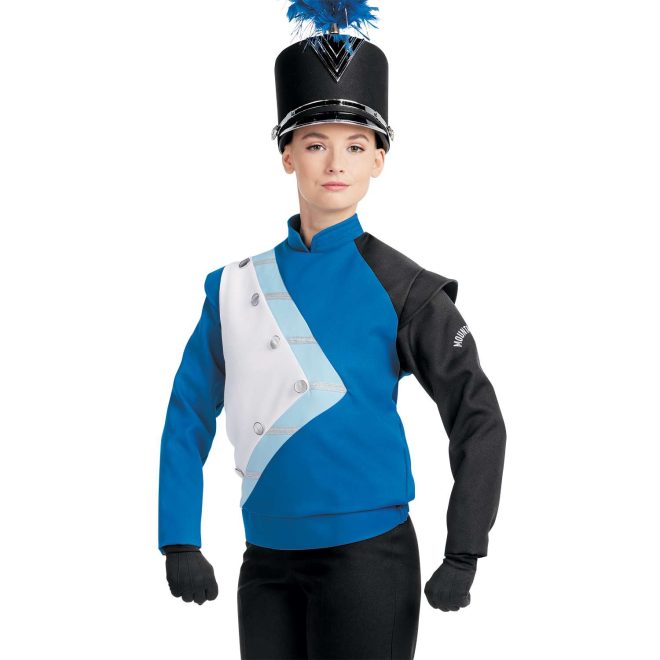 Custom blue, white, and black marching band uniform long sleeve with light blue and silver detailing. Front view with matching shako, black gloves, and black pants