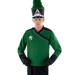 Custom kelly with black and white trim marching band uniform long sleeve. Shown front view on model with matching shako, black gloves, and black pants