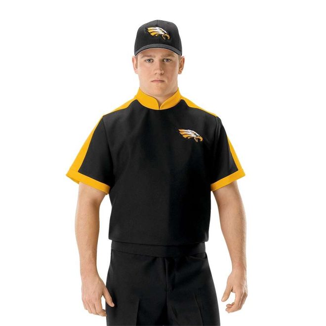 Black with gold trim custom marching band uniform short sleeve with eagle on left chest. Shown front view on model with matching custom black baseball cap and black pants