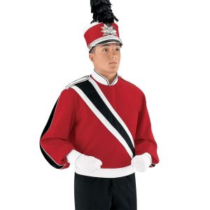 Custom red, black, and white marching band uniform long sleeve front view on model with matching shako, white gloves and black pants