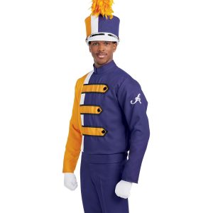 Custom purple and yellow with white and black detailing long sleeve marching band uniform. Front view with matching shako, white gloves, and purple pants