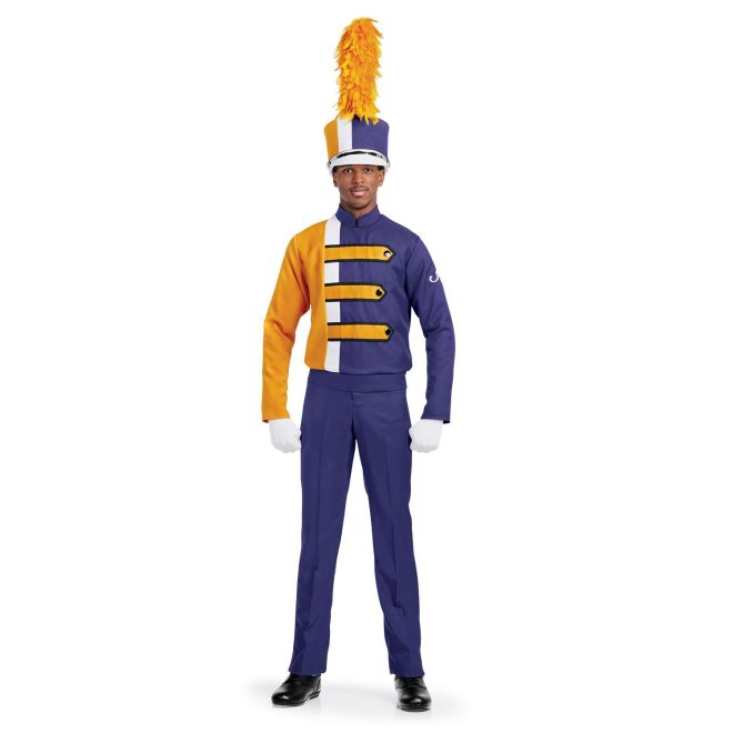 Custom purple and yellow with white and black detailing long sleeve marching band uniform. Front view with matching shako, white gloves, and purple pants and black shoes