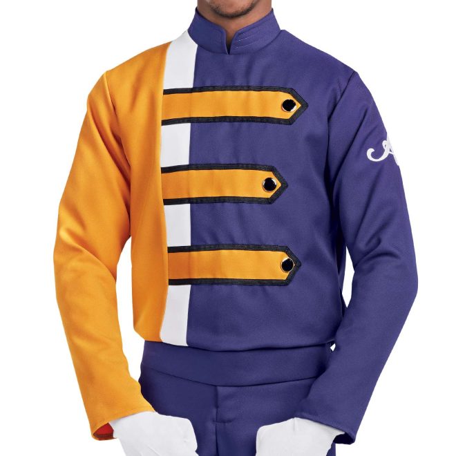 Custom purple and yellow with white and black detailing long sleeve marching band uniform. Front view with matching shako, white gloves, and purple pants