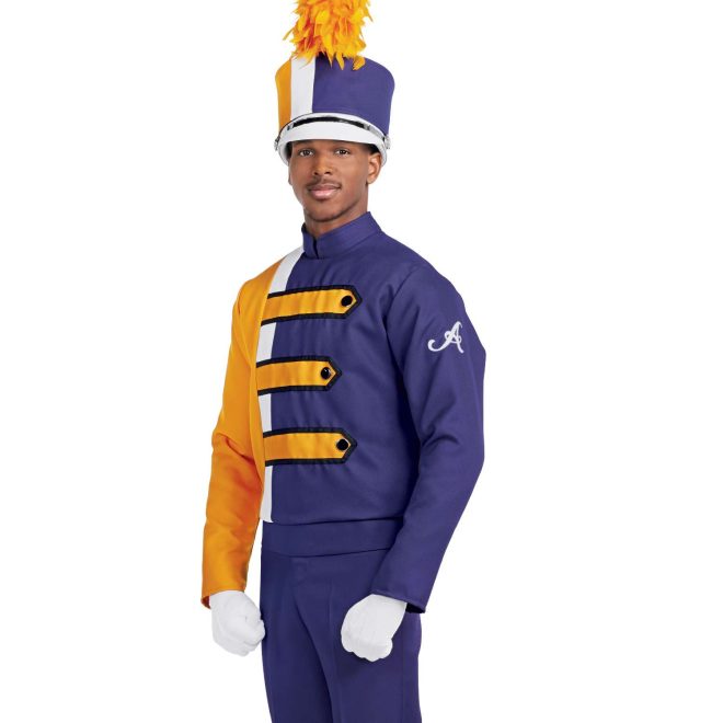 Custom purple and yellow with white and black detailing long sleeve marching band uniform. Front view with matching shako, white gloves, and purple pants