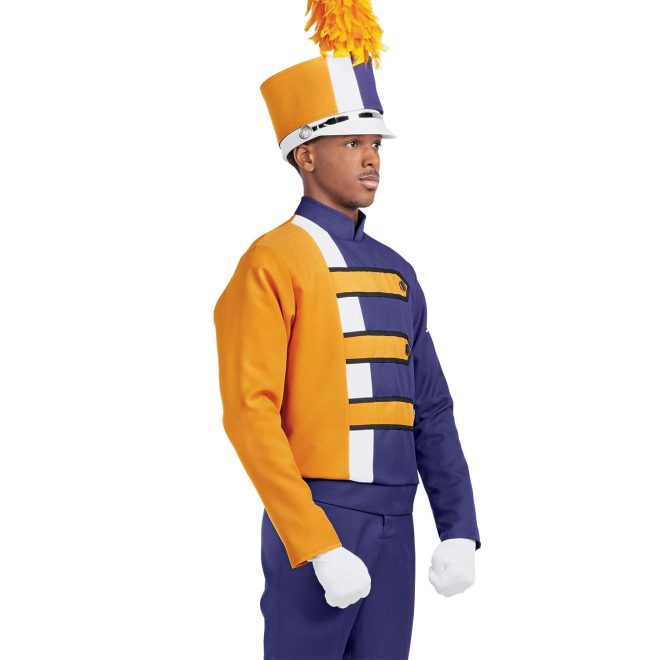 Custom purple and yellow with white and black detailing long sleeve marching band uniform. Front view with matching shako, white gloves, and purple pants