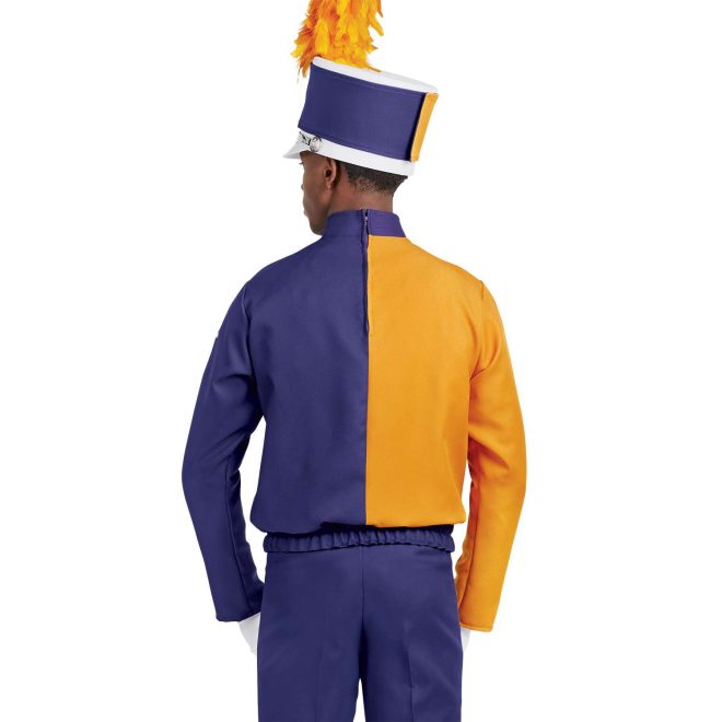 Custom purple and yellow long sleeve marching band uniform. Back view with matching shako, white gloves, and purple pants