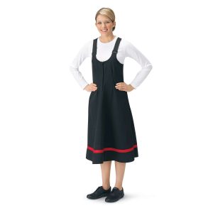 front view black custom marching band bibber skirt with red stripe shown over white shirt