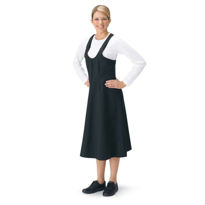 front view black custom marching band bibber skirt with white undershirt