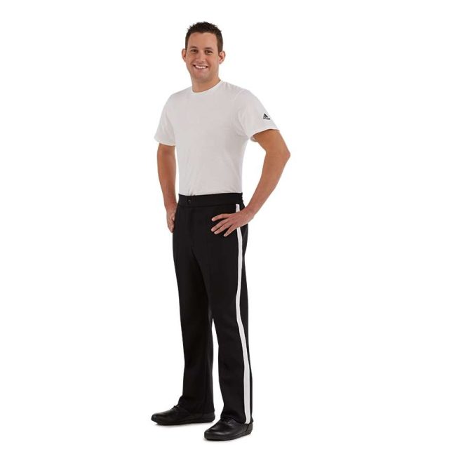 custom black with white stripe marching band trousers 3/4 view on model paired with white short sleeve