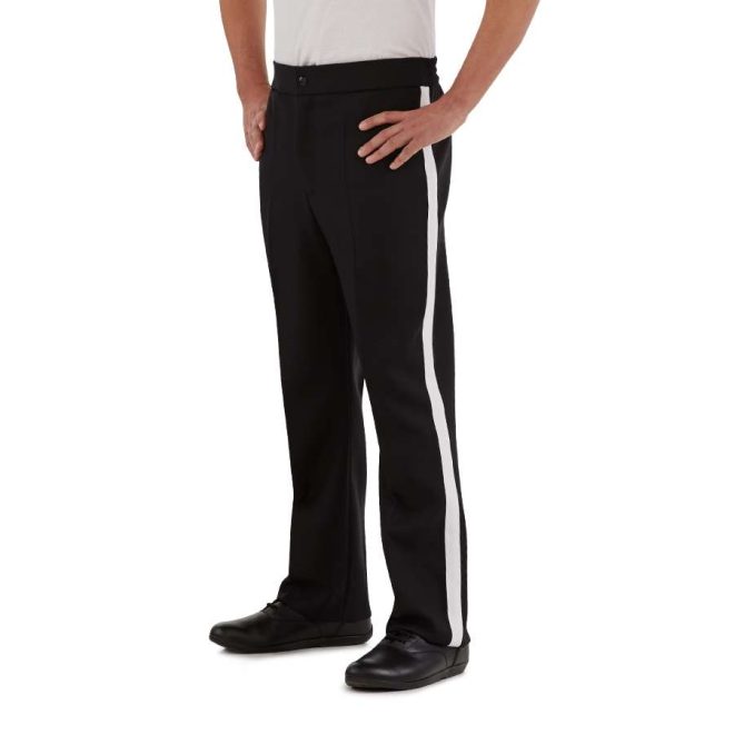 custom black with white stripe marching band trousers 3/4 view on model