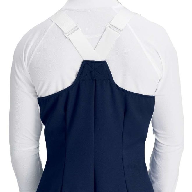 Navy custom classic marching band bibber with white straps back view with white undershirt