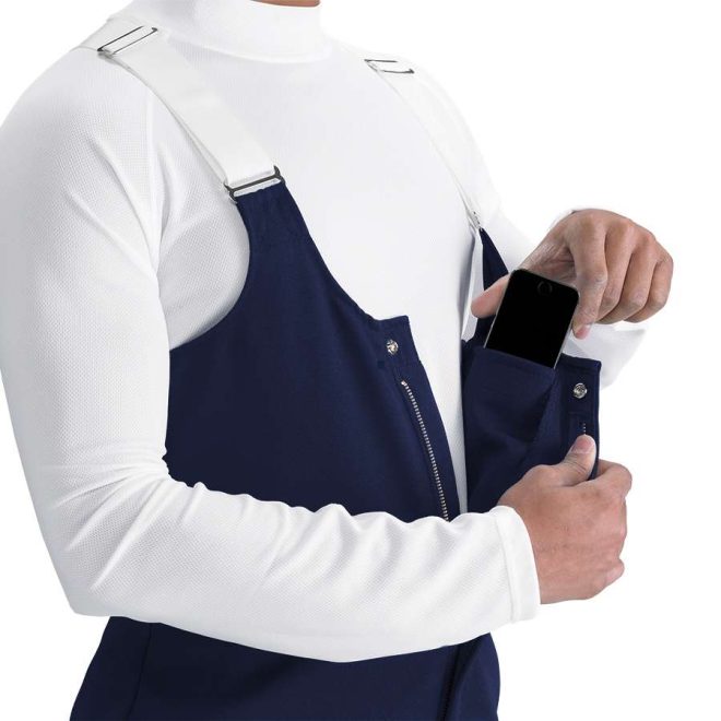 Navy custom classic marching band bibber showing inside pocket. 3/4 view with white straps and white undershirt