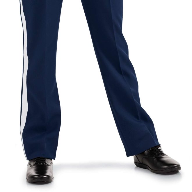 custom navy deluxe marching band bibber with white stripe on outside leg. Front view on model