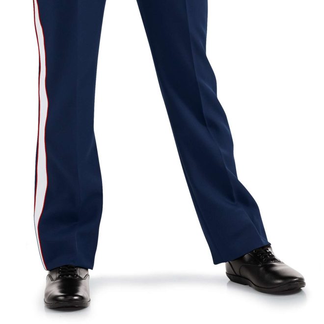 custom navy deluxe marching band bibber with white stripe with red trim on outside leg. Front view on model