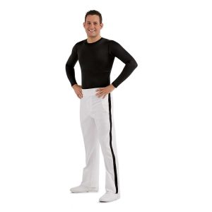 white with black stripe down side of leg custom constructed marching band trousers 3/4 view on model paired with black long sleeve