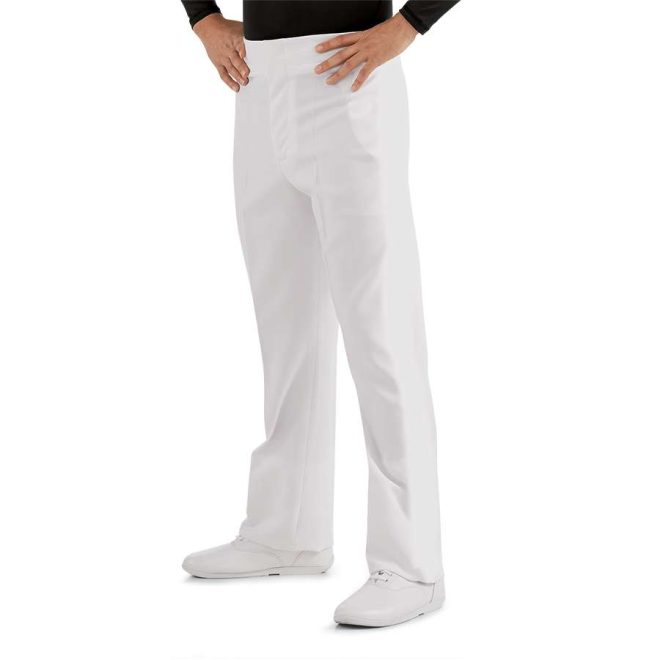 custom white constructed marching band trousers 3/4 view on model