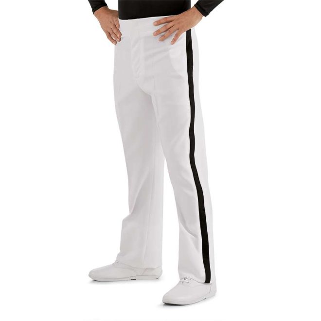 white with black stripe down side of leg custom constructed marching band trousers 3/4 view on model