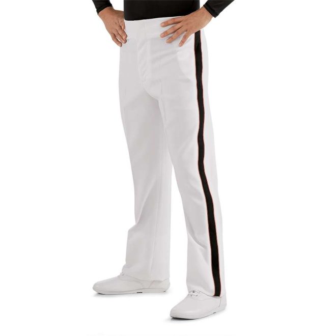 white with black stripe and red trim down side of leg custom constructed marching band trousers 3/4 view on model