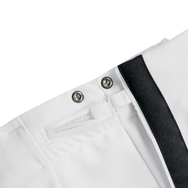 white custom constructed marching band trousers highlighting buttons