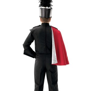 custom red with silver sequin underside shoulder marching band cape. Shown over black uniform and shako on back view of performer