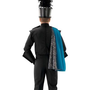 Custom dark teal and black/silver sequin half back marching band cape shown over black uniform and shako on back view of performer