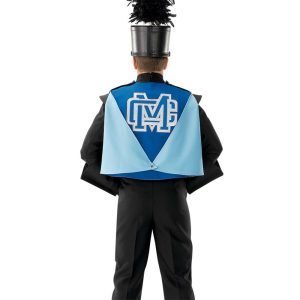 Custom light blue and royal snap bottom marching band cape with silver logo. Shown over black uniform and shako on back view of performer