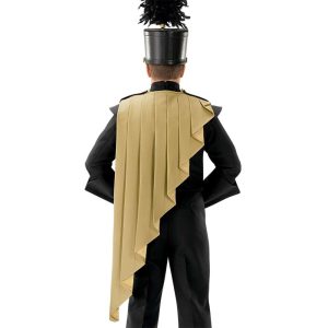 Custom gold roman marching band cape. Shown with black uniform and shako on back view of performer