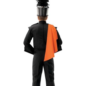 Custom orange cascade marching band cape with black uniform and shako on back of performer