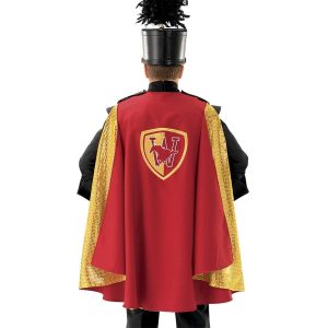 custom red with gold sequin underside full back marching band cape with gold and red logo. Shown over black uniform and shako on back of performer