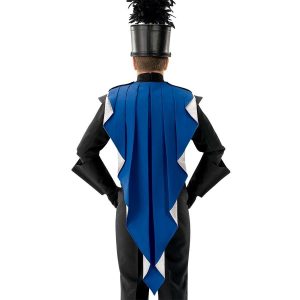 Custom royal with silver back center point marching band cape shown over black uniform and shako on back of performer