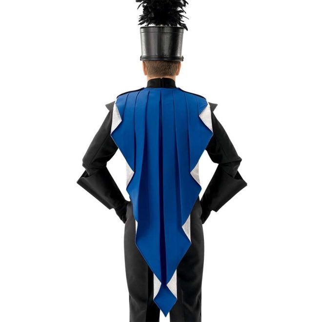 Custom royal with silver back center point marching band cape shown over black uniform and shako on back of performer