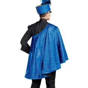 Custom royal sequin one shoulder full back cape. Shown over black uniform and blue shako on back view of performer