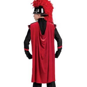 custom red spartan marching band cape shown over black uniform and hat with red detailing on back view of performer