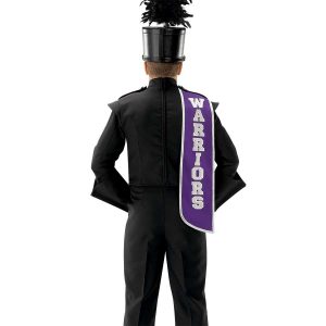 Custom purple with silver writing and trim marching band shoulder drop shown over black band uniform with black shako. Seen on backside of performer