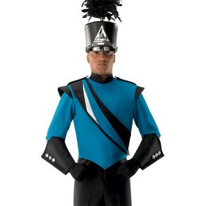 custom dark teal, white and black marching band sash shown over dark teal and black uniform and shako on front view of performer