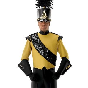 custom black sequin marching band sash shown over dark gold and black uniform and shako on front view of performer