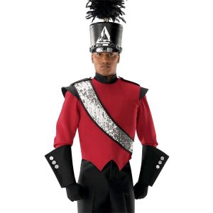 custom silver sequin with black trim marching band sash shown over red and black uniform and shako on front view of performer